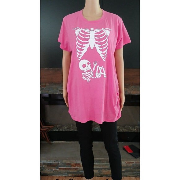 NEW Crazy Dog Pink 2XL WHITE SKELETON RIB CAGE MATERNITY T-SHIRT Halloween - Picture 1 of 7